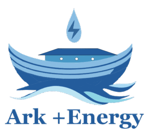 A logo for Ark +Energy. An ark is in the water. A drop of water with a lightning bolt is postioned above the ark, the text Ark +Energy is below the ark.