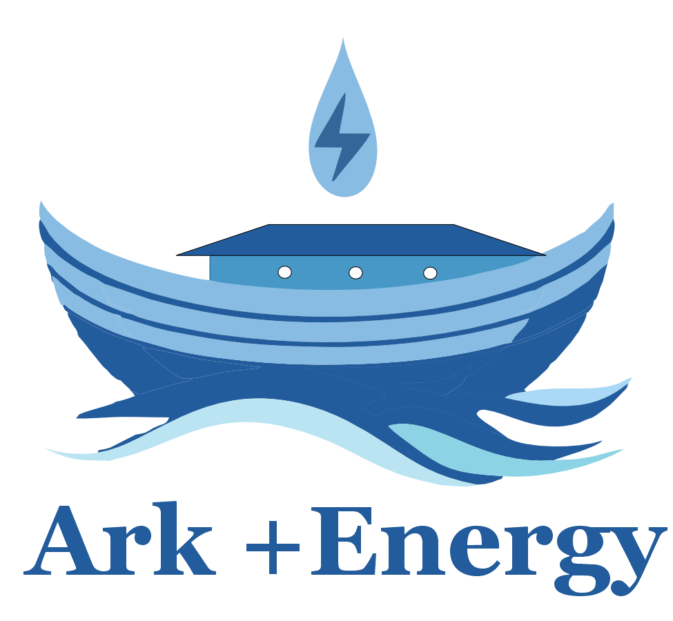 A logo for Ark +Energy. An ark is in the water. A drop of water with a lightning bolt is postioned above the ark, the text Ark +Energy is below the ark.